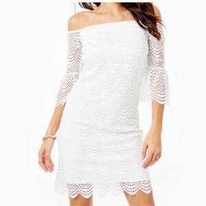 Lilly Pulitzer NEW Resort White Lexa Scalloped Shell Lace Off Shoulder Dress L